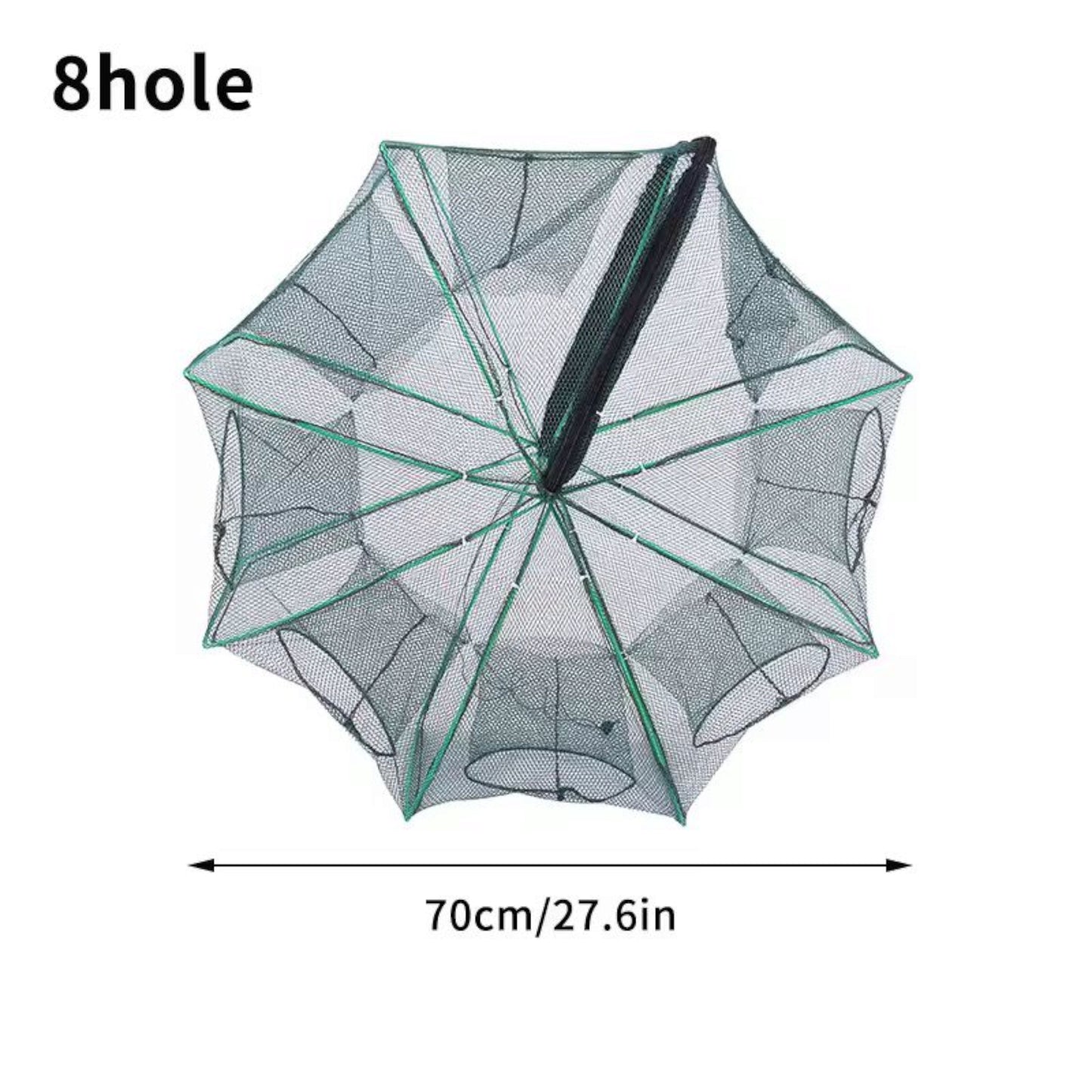 Zoomed-in view of the net's multiple entry pockets and durable nylon mesh, designed to let aquatic animals in and prevent escape