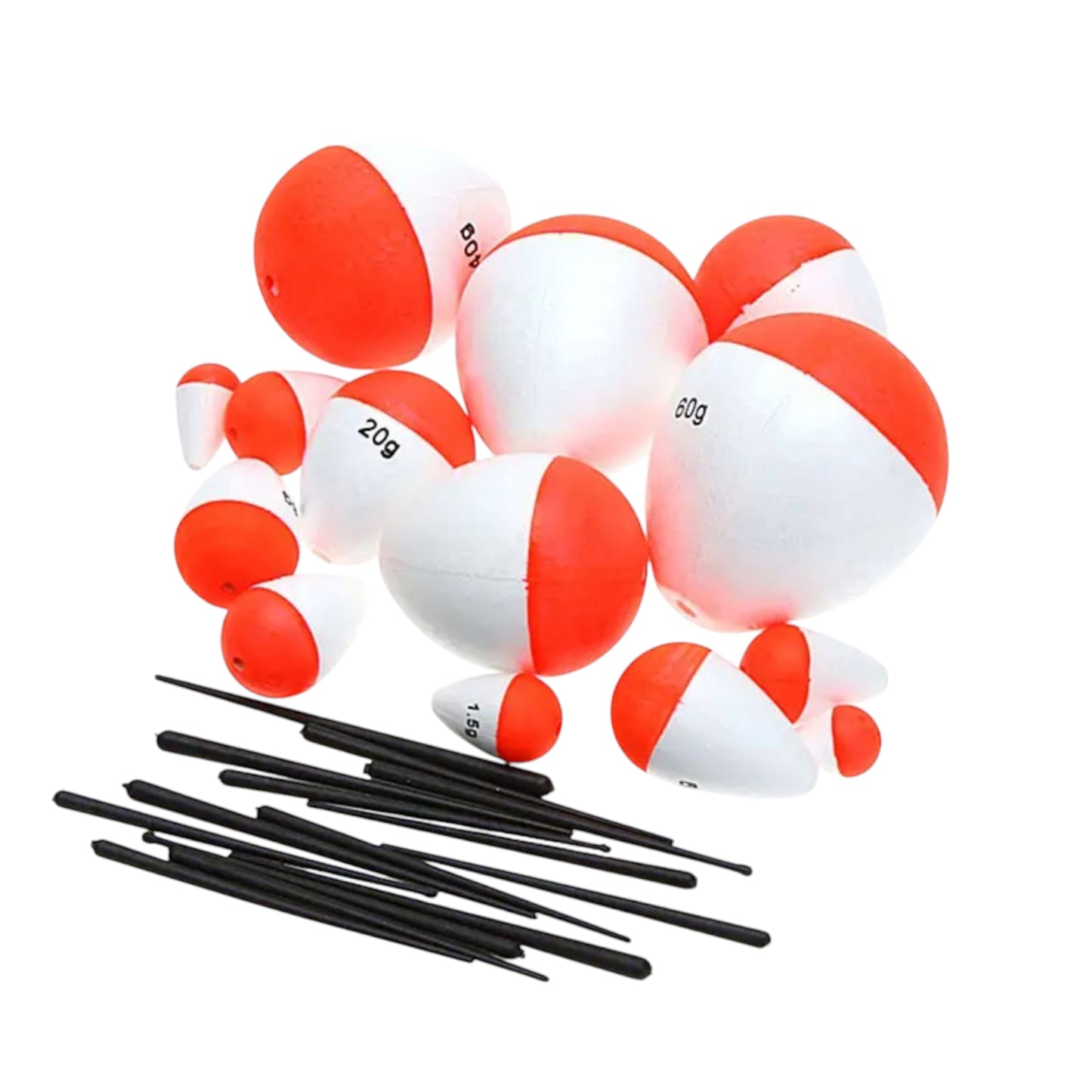 Durable fishing bobbers suitable for both freshwater and saltwater fishing, made from high-density foam.