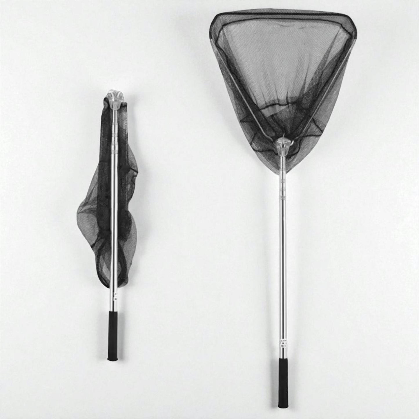 Fully extended foldable fishing net showing anti-slip grip and durable locking mechanism for stable and secure handling during fishing.