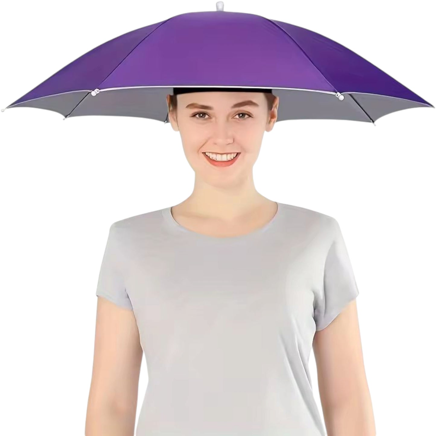 Woman in a purple umbrella hat for stylish hands-free weather protection