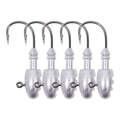 Front view of heavy-duty jig head fishing hooks – pack of 5 premium sharp hooks with lead sinker head for soft bait rigging.