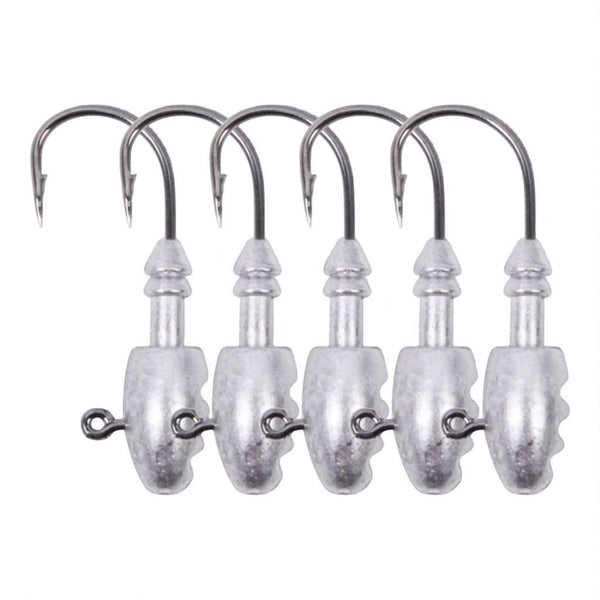 Front view of heavy-duty jig head fishing hooks – pack of 5 premium sharp hooks with lead sinker head for soft bait rigging.