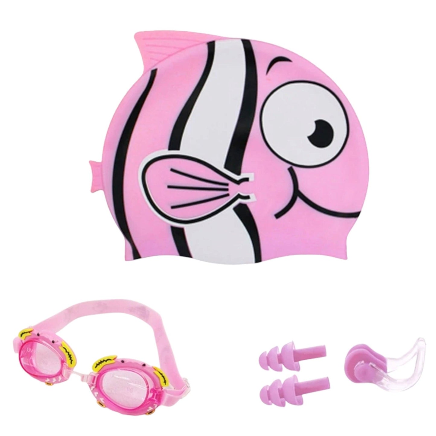 Kids Swimming Goggles Set with Fish Design Silicone Cap, Earplugs & Nose Clip