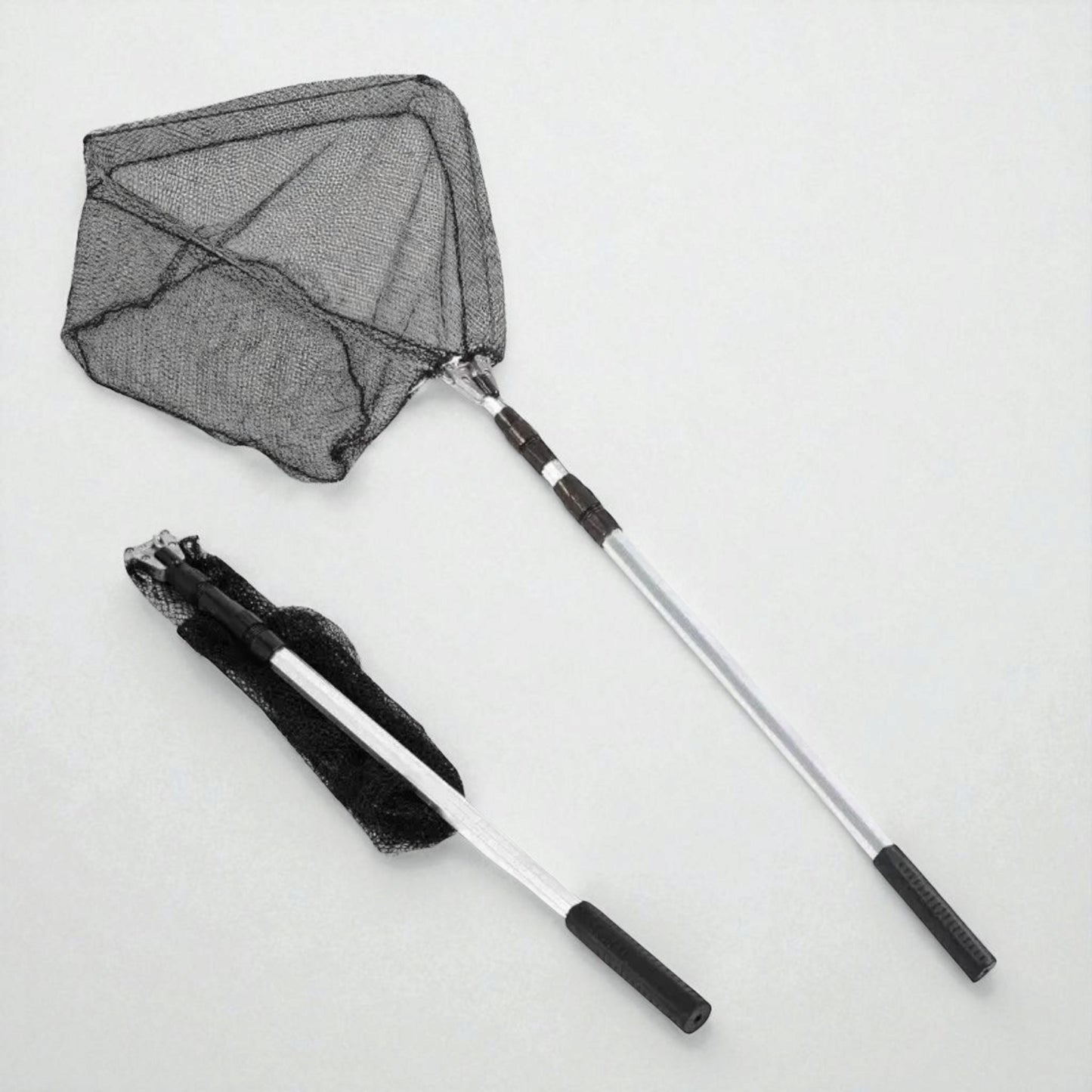 Close-up of the landing net’s fine mesh and joint connector, highlighting strong nylon netting and reinforced frame for durability.