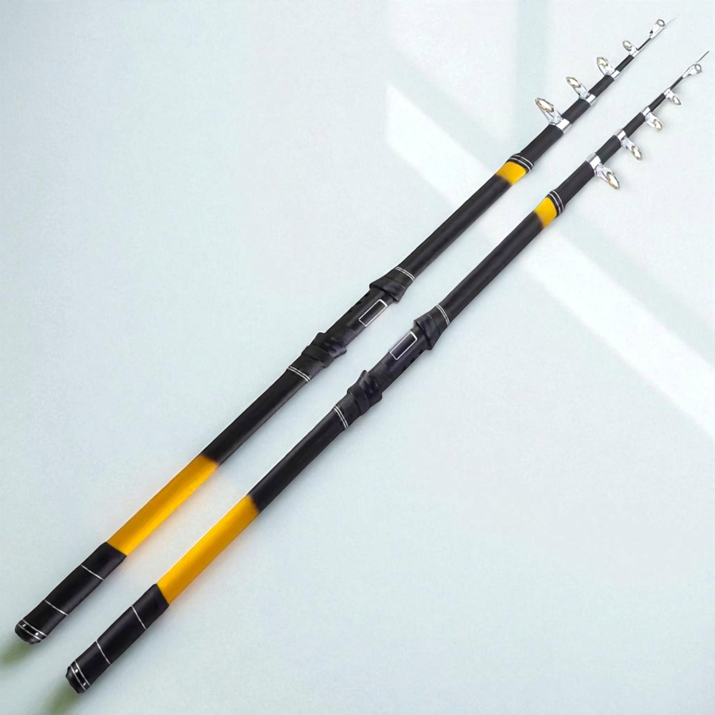 Fully extended carbon telescopic fishing rod showing strong carbon fiber build, anti-corrosion stainless steel guide rings, and ergonomic EVA handle – ideal for long-distance casting in sea, river, or lake