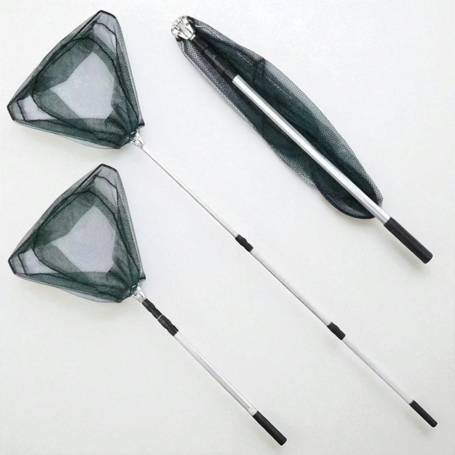 Side view of telescopic fishing landing net with extendable aluminum handle and deep black mesh net, ideal for catching fish from a distance.