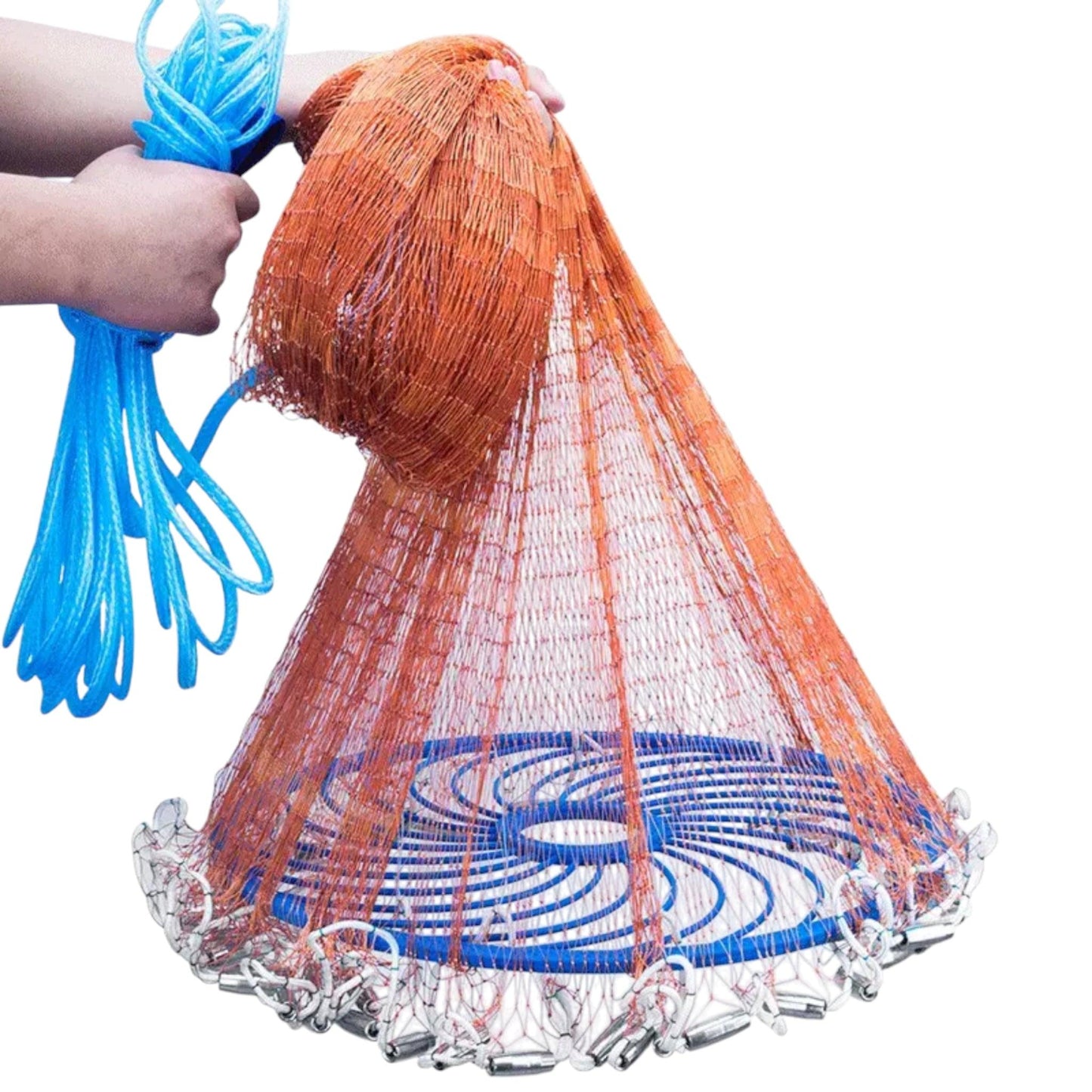 A 9ft American handmade nylon cast net with heavy-duty lead sinkers and a sturdy hand rope for efficient fishing