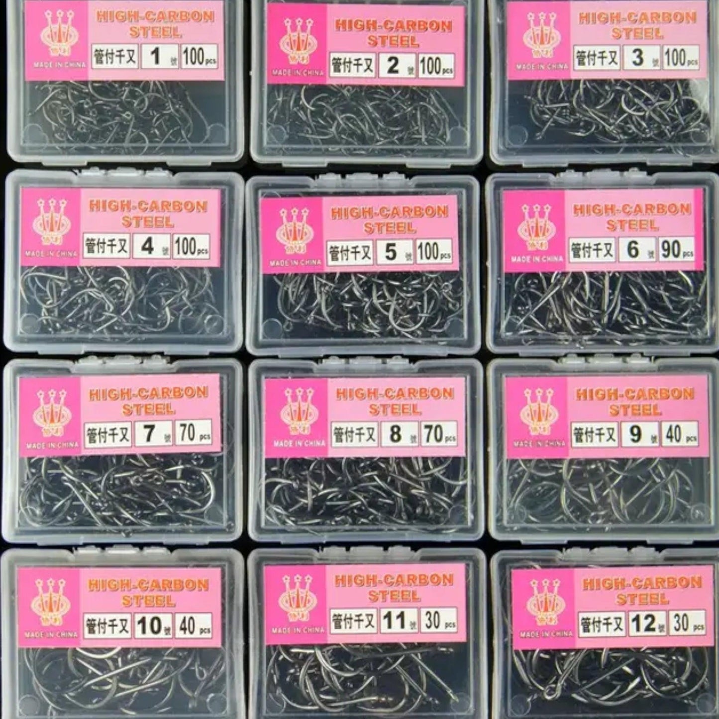 Chinu High Carbon Steel Hooks – 100pcs Box, Sizes 4 to 10.