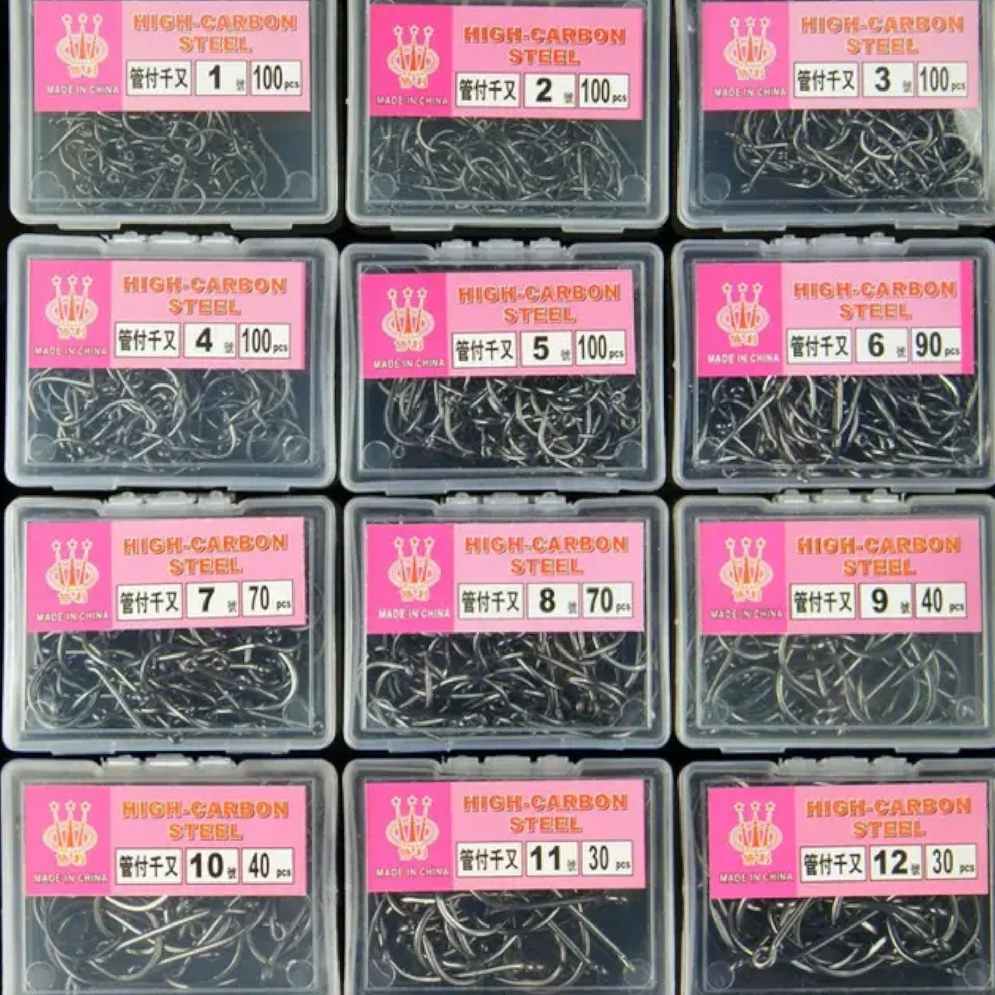 Chinu High Carbon Steel Hooks – 100pcs Box, Sizes 4 to 10.