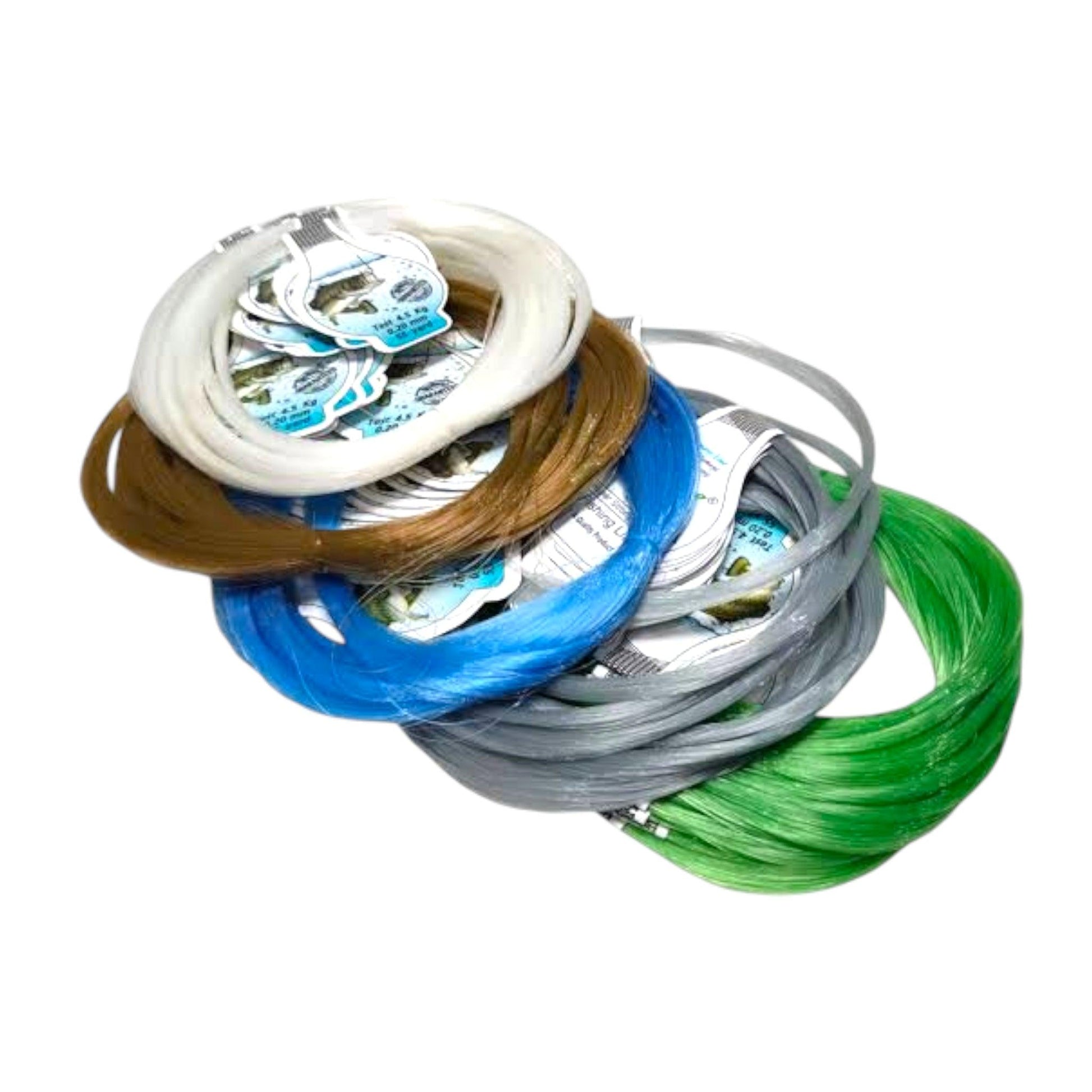 Assorted fishing line spools in white, blue, green, brown, and grey colors