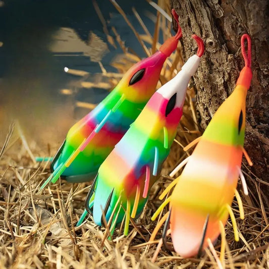 AYAKA Premium Soft Frog Lures with glowing rainbow body designed for topwater strikes and attracting aggressive fish in shallow waters.