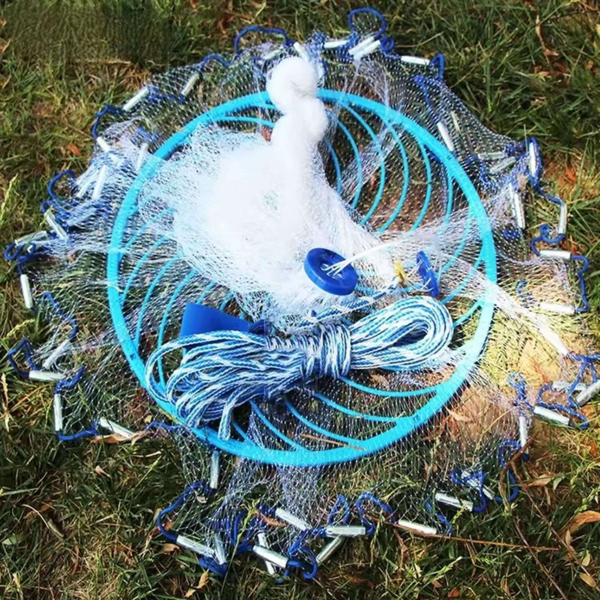 Complete set of nylon monofilament cast net with rope, spreader ring and lead weights
