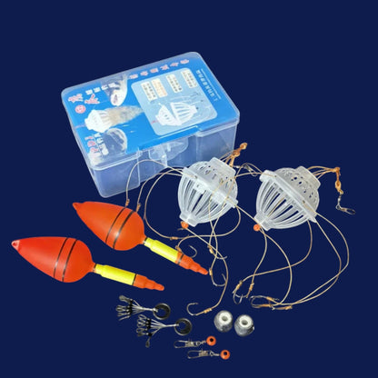 A dual-lock fishing feeder cage set with hooks, floats, and accessories displayed alongside a transparent storage box