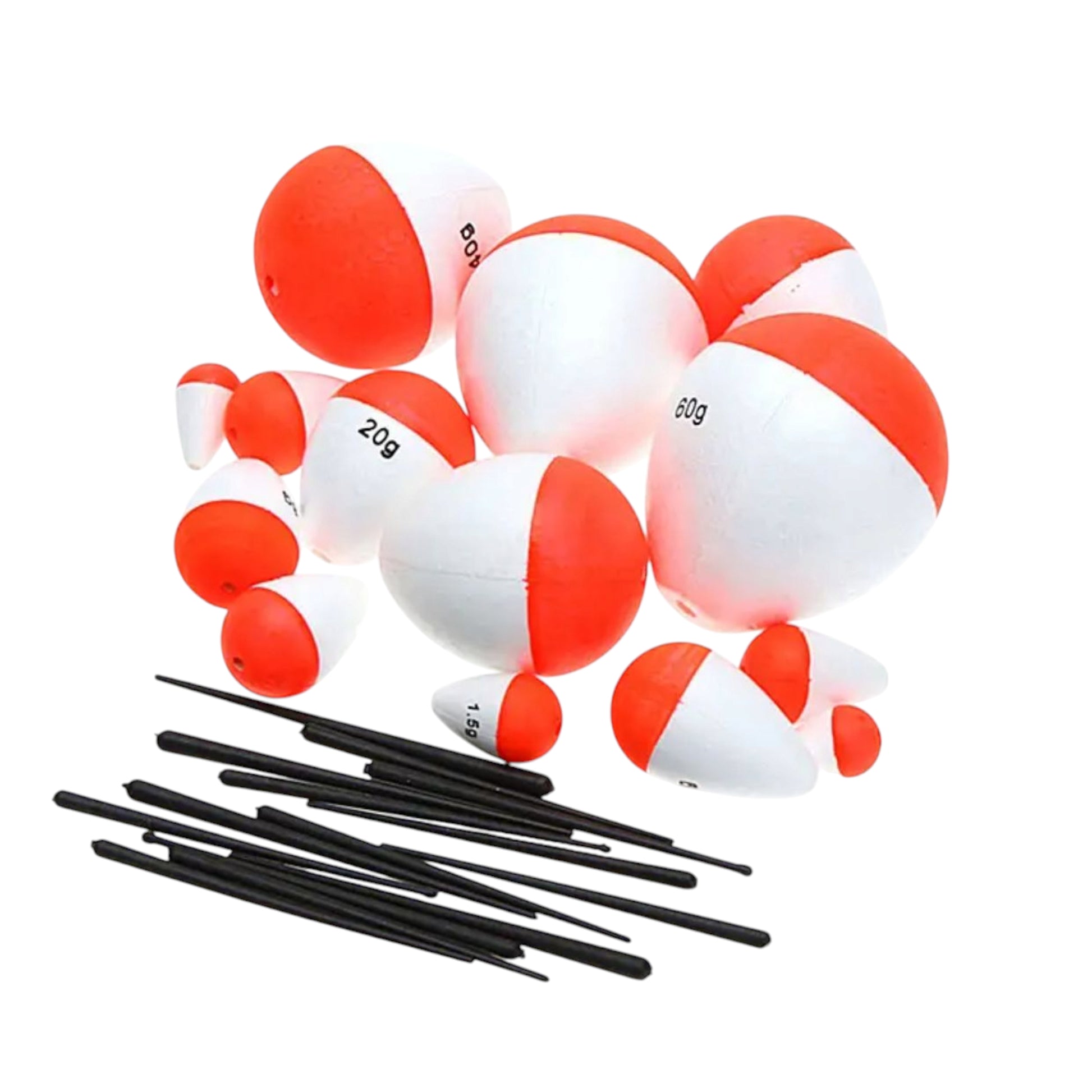 Durable fishing bobbers suitable for both freshwater and saltwater fishing, made from high-density foam.
