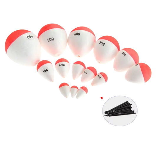 Lightweight foam fishing bobbers with red top and white base, designed for accurate bite detection.
