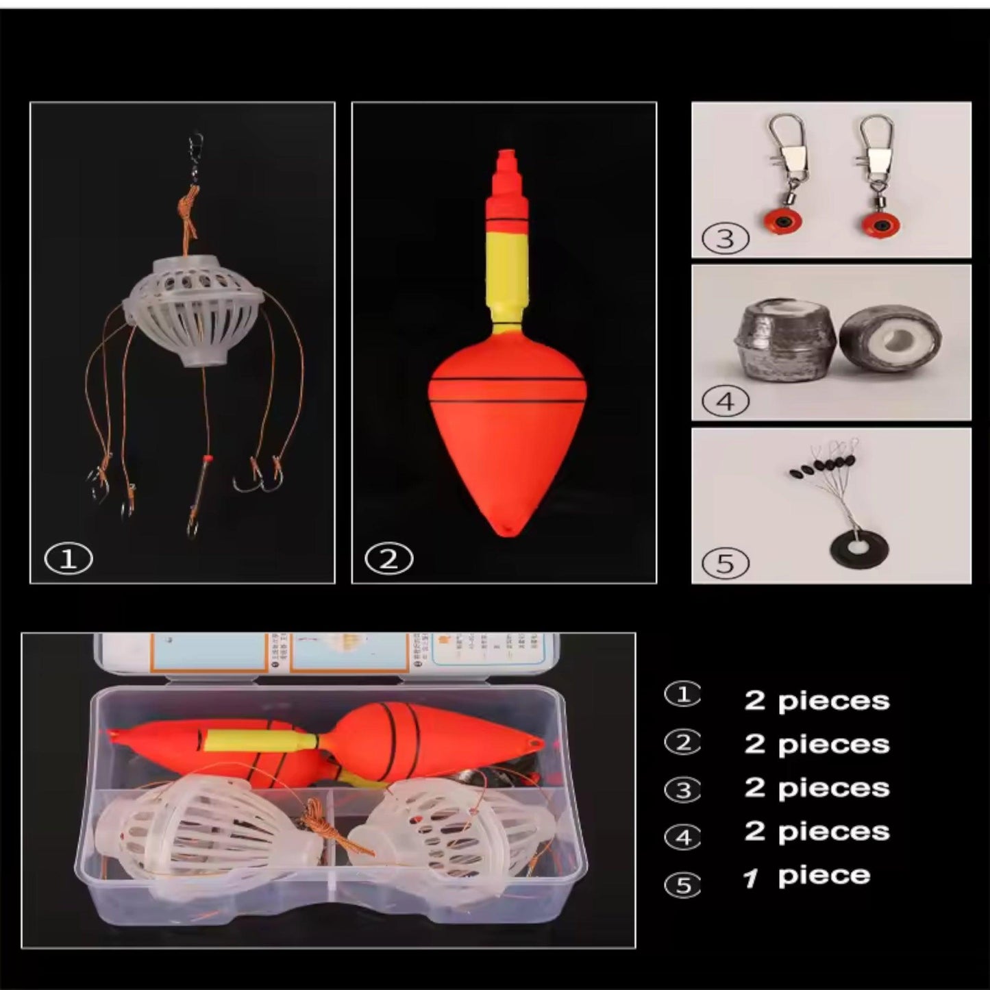 Close-up view of fishing tackle set including feeder cages, fishing hooks, floats, and connectors for efficient bait fishing