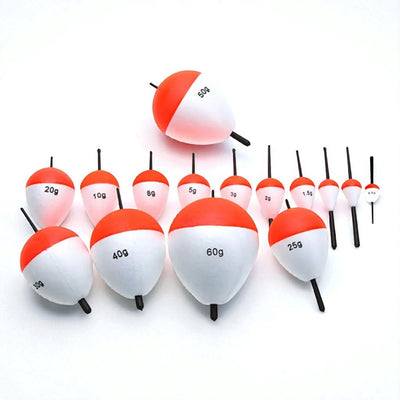 Complete set of red and white fishing floats ranging from 1g to 60g for various fishing needs.