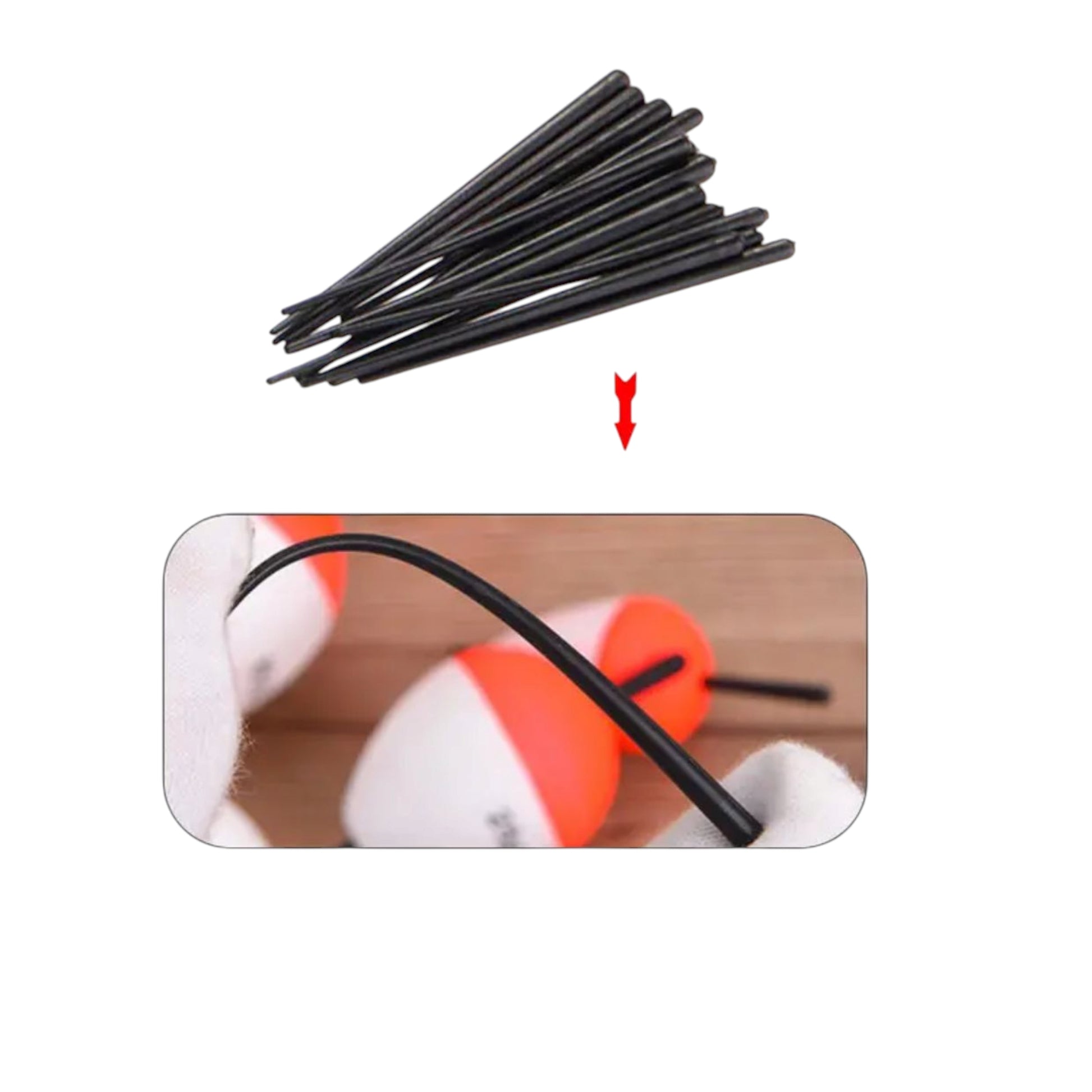 Set of fishing floats featuring a red top and white base, ideal for various fishing techniques.
