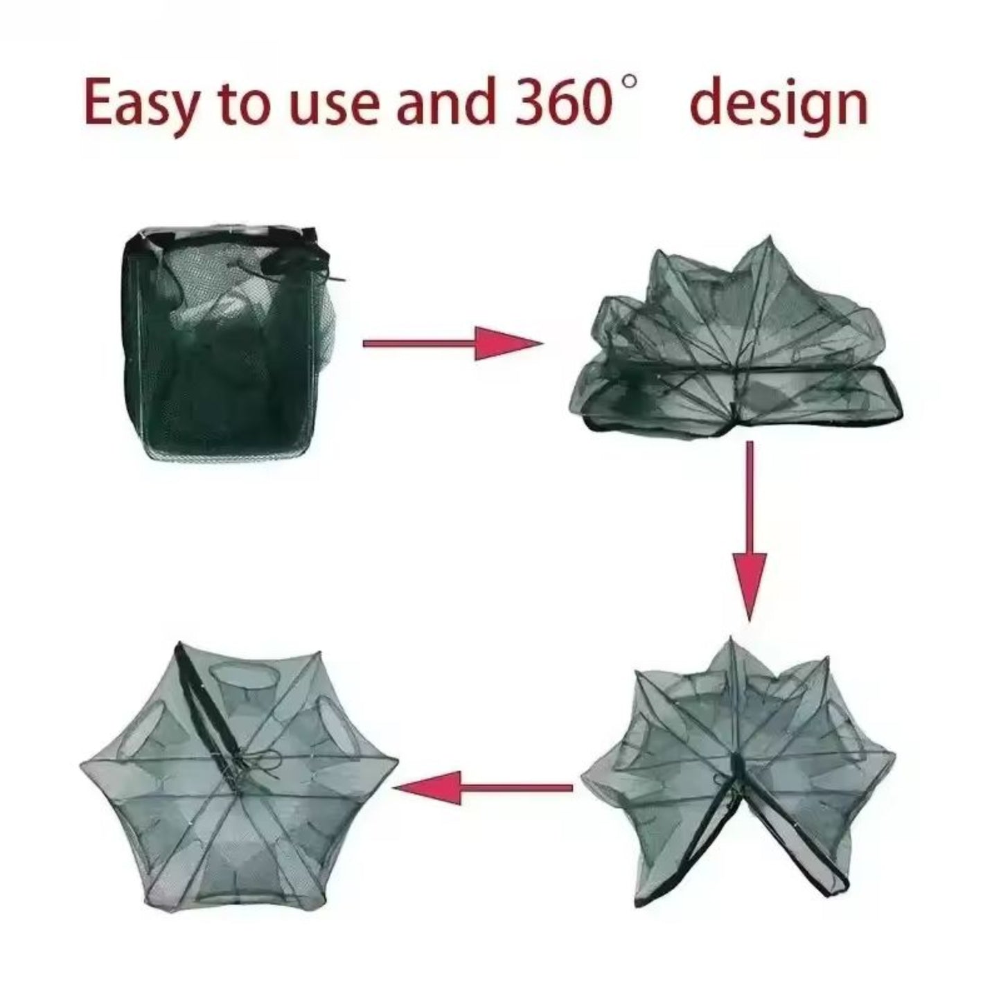 Step-by-step folding and opening process of 360-degree design foldable fishing trap net with multiple entry points.