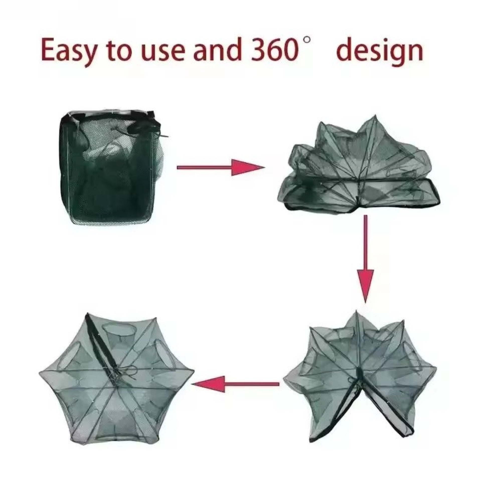 Step-by-step folding and opening process of 360-degree design foldable fishing trap net with multiple entry points.