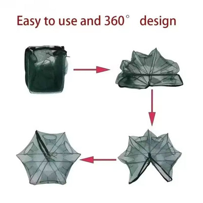 Step-by-step folding and opening process of 360-degree design foldable fishing trap net with multiple entry points.