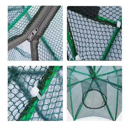 Close-up details of fish trap net zipper, mesh joints, and strong connection clips ensuring durability.
