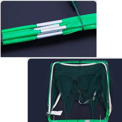 Close-up of foldable fish trap frame showing strong green steel rods and fine nylon mesh material.