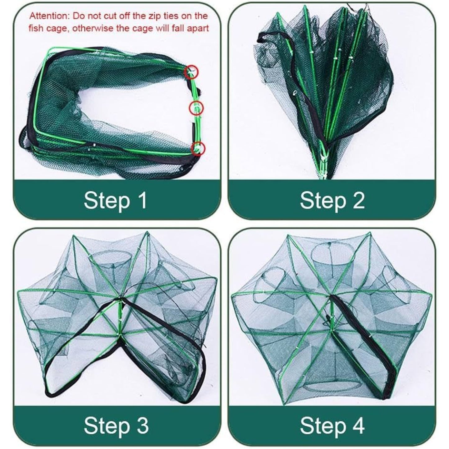 Four-step setup guide showing how to unfold and prepare collapsible fish trap net easily.