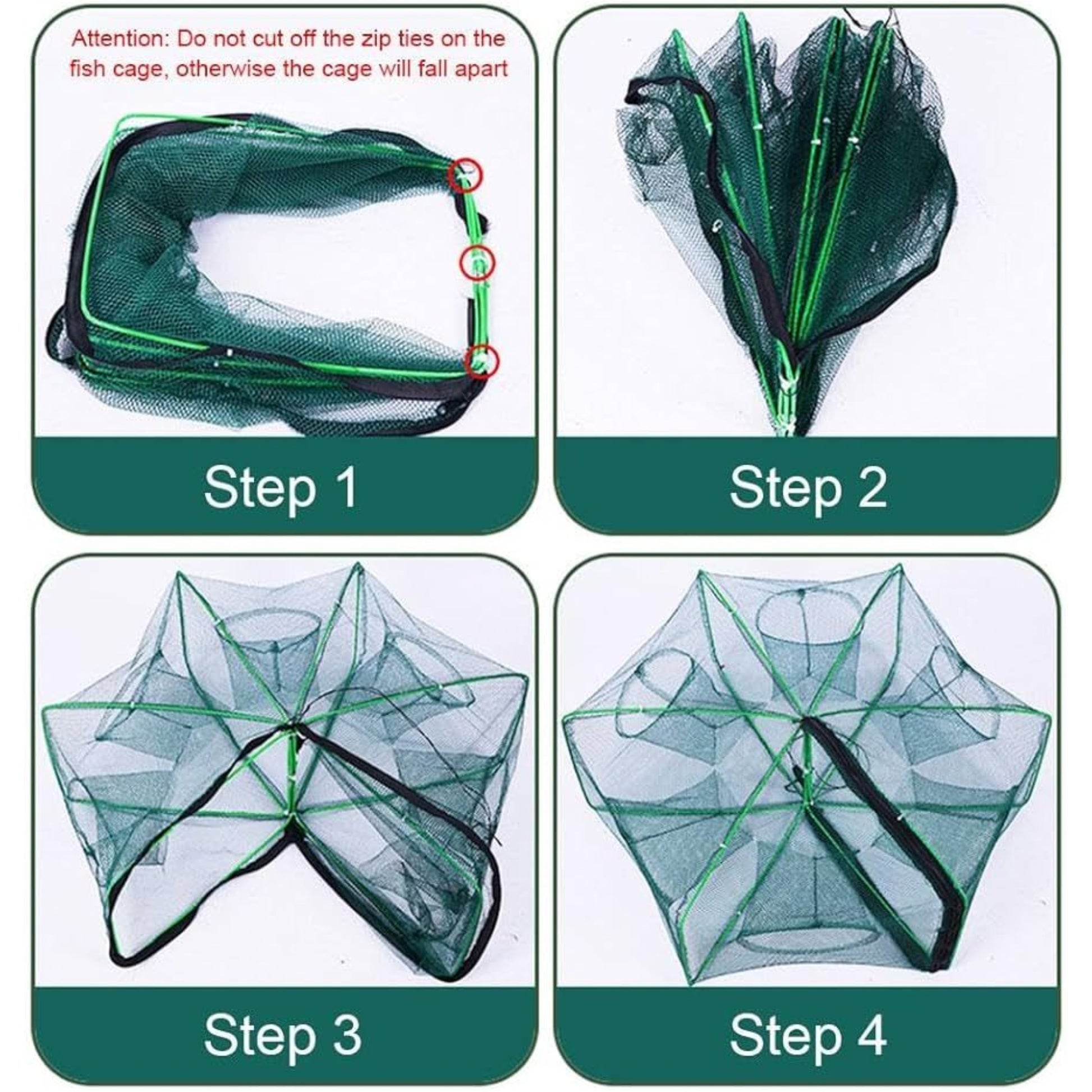 Four-step setup guide showing how to unfold and prepare collapsible fish trap net easily.