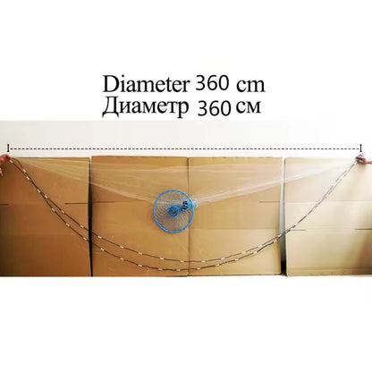 cast net showing full stretch with balanced lead weights for deep sinking and wide spread.