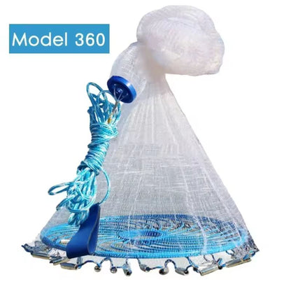 Nylon monofilament cast net 12ft for fishing with hand throw rope and lead sinkers, suitable for sea and river bait catching.