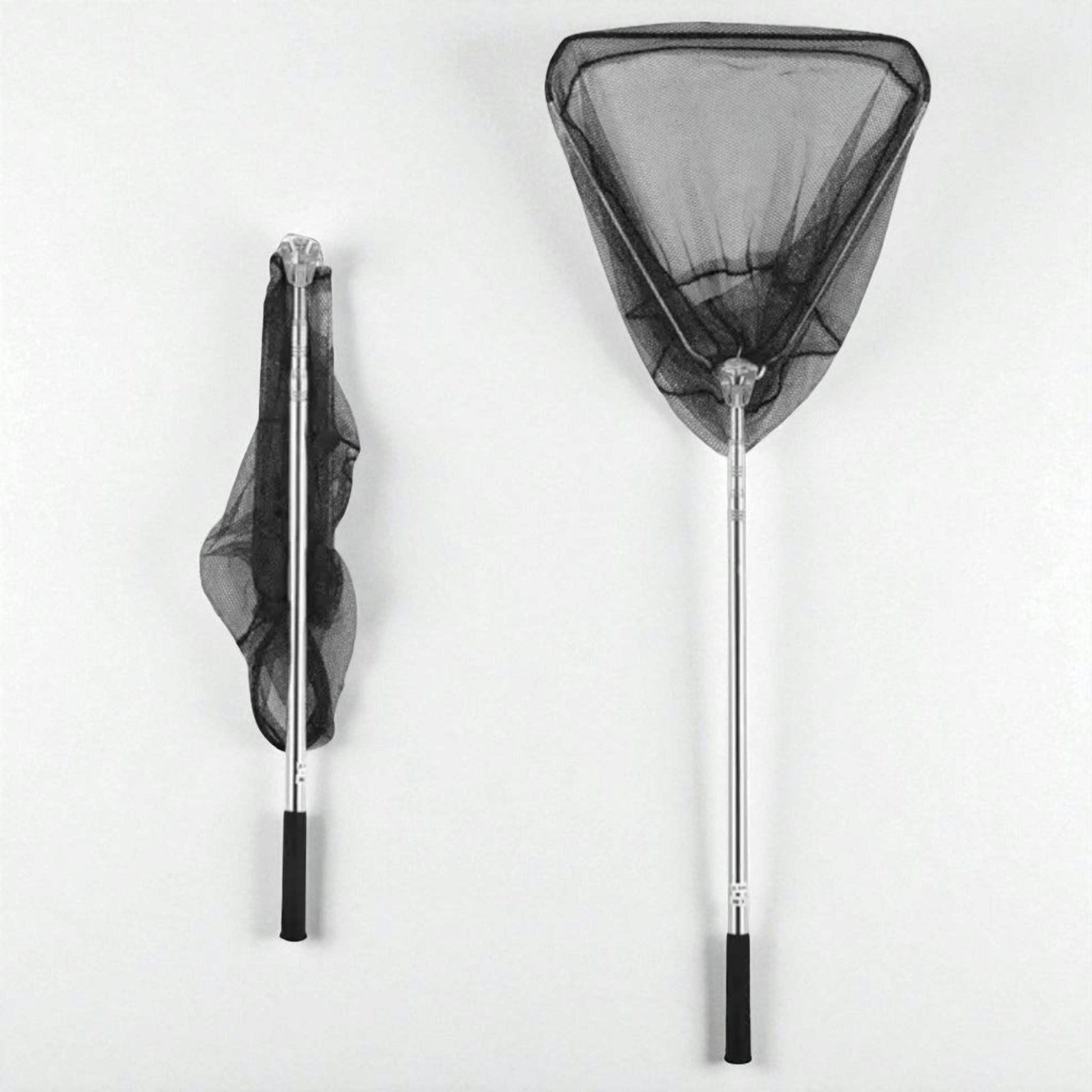 Fully extended foldable fishing net showing anti-slip grip and durable locking mechanism for stable and secure handling during fishing.
