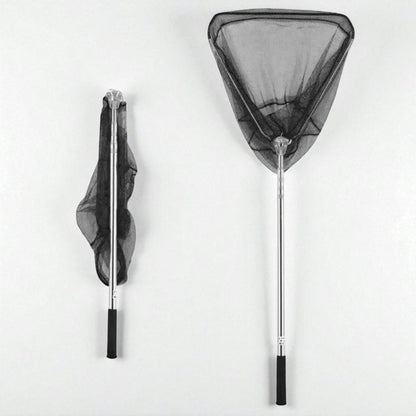 Fully extended foldable fishing net showing anti-slip grip and durable locking mechanism for stable and secure handling during fishing.
