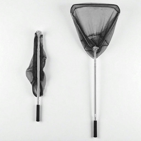 Fully extended foldable fishing net showing anti-slip grip and durable locking mechanism for stable and secure handling during fishing.
