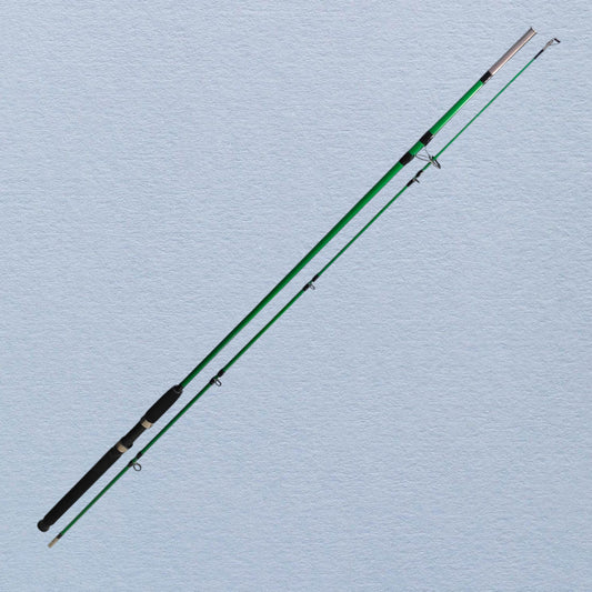 GreenViper 9ft two-piece fiberglass spinning fishing rod in vibrant green color, featuring a durable ergonomic handle and reinforced line guides, displayed on a clean background with assorted lures for freshwater and inshore use