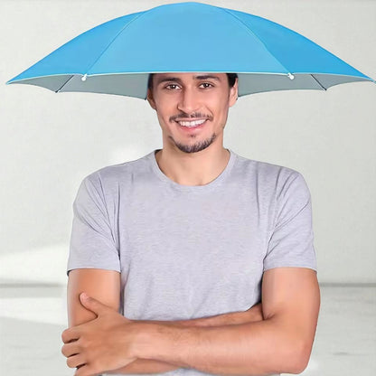 Man wearing a blue hands-free umbrella hat for sun and rain protection