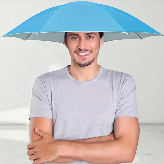 Man wearing a blue hands-free umbrella hat for sun and rain protection