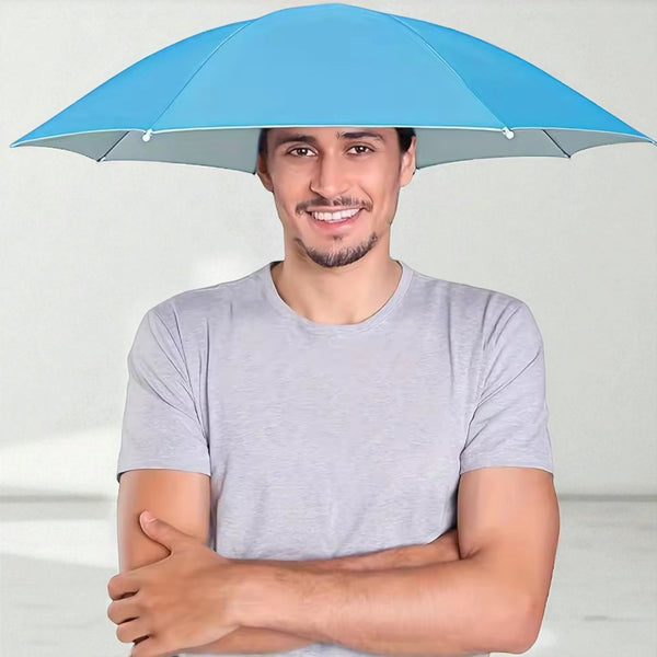 Man wearing a blue hands-free umbrella hat for sun and rain protection