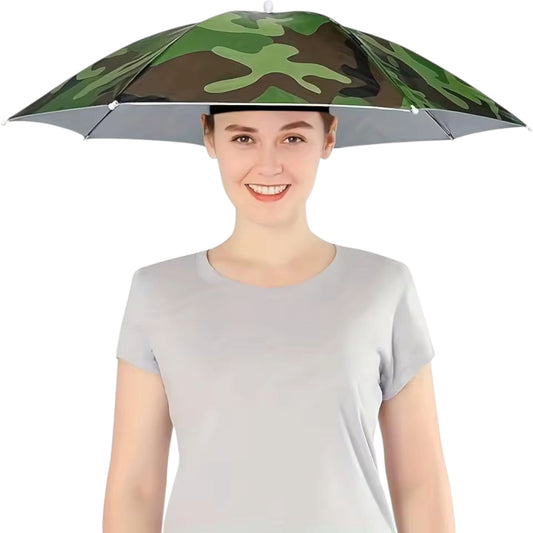 Woman wearing a camouflage print umbrella hat ideal for fishing and hiking