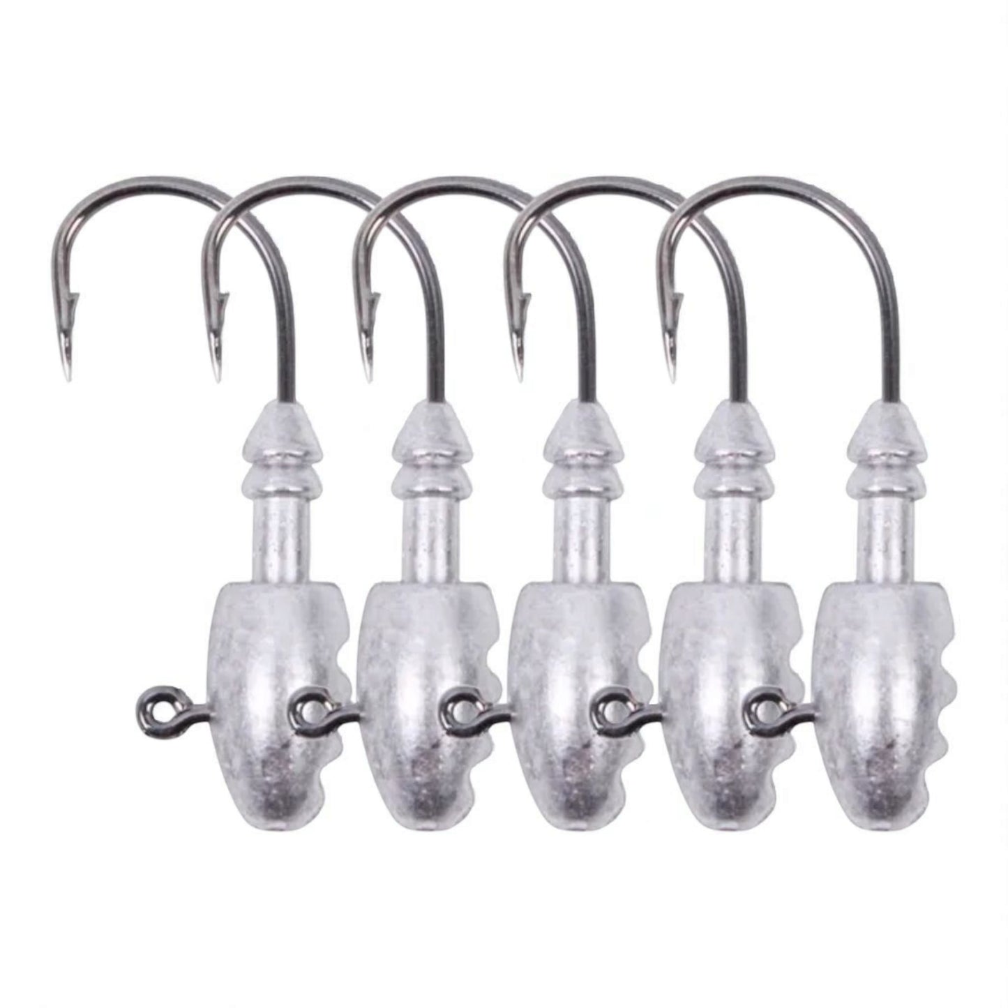 Front view of  heavy-duty jig head fishing hooks – pack of 5 premium sharp hooks with lead sinker head for soft bait rigging.