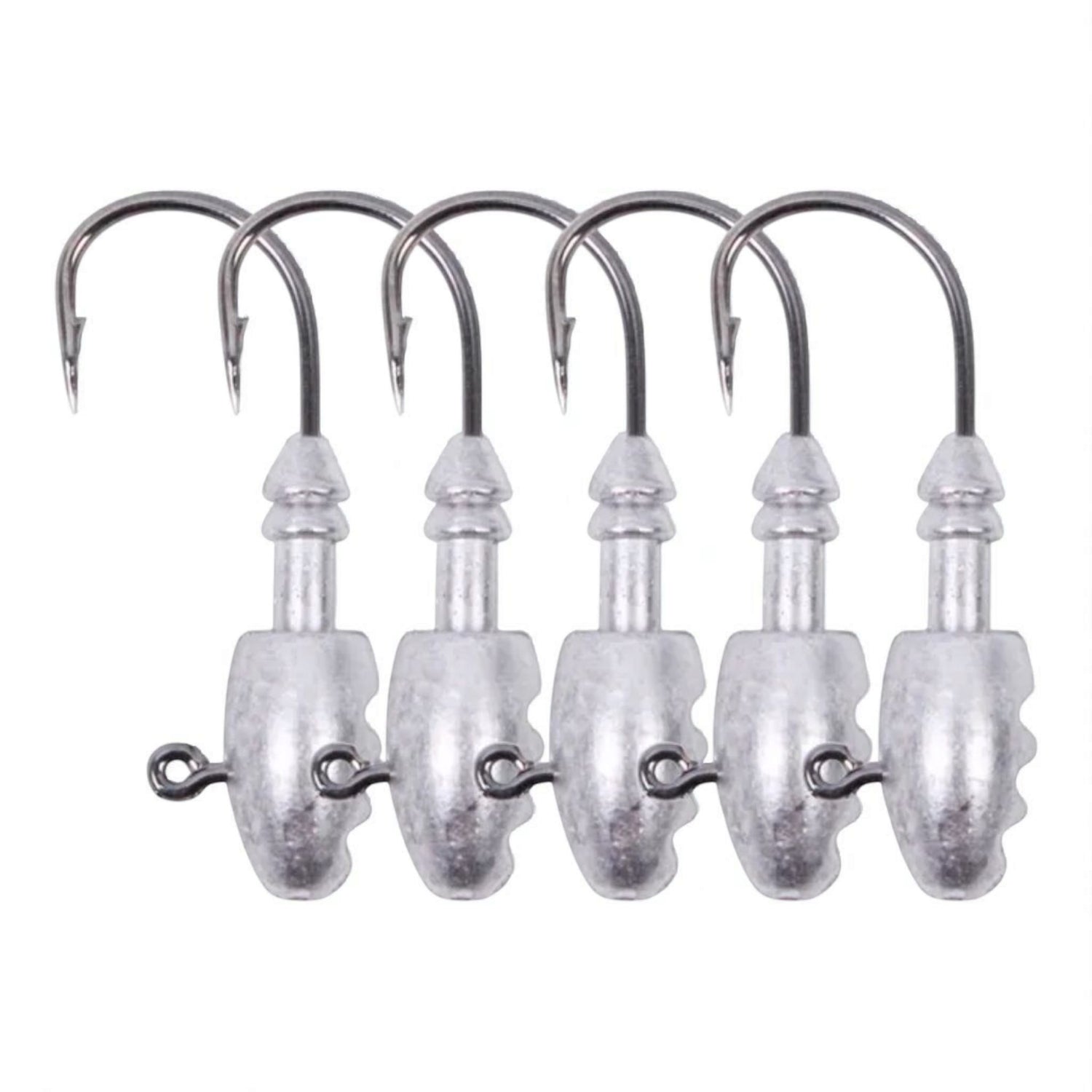 Front view of  heavy-duty jig head fishing hooks – pack of 5 premium sharp hooks with lead sinker head for soft bait rigging.