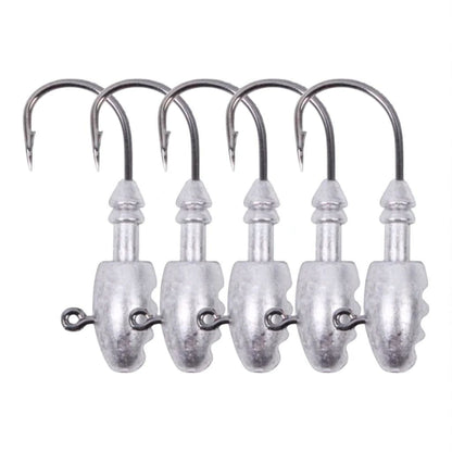 Front view of  heavy-duty jig head fishing hooks – pack of 5 premium sharp hooks with lead sinker head for soft bait rigging.