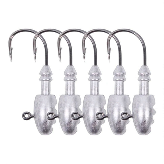 Front view of  heavy-duty jig head fishing hooks – pack of 5 premium sharp hooks with lead sinker head for soft bait rigging.