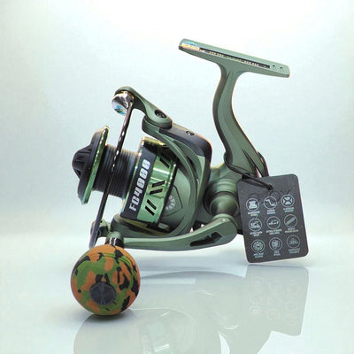 FC4000 heavy duty spinning fishing reel in military green with camouflage EVA grip and precision drag system for freshwater and saltwater fishing
