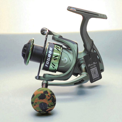 FC5000 heavy duty spinning fishing reel in military green with camouflage EVA grip, designed for big catch performance in fresh and saltwater fishing
