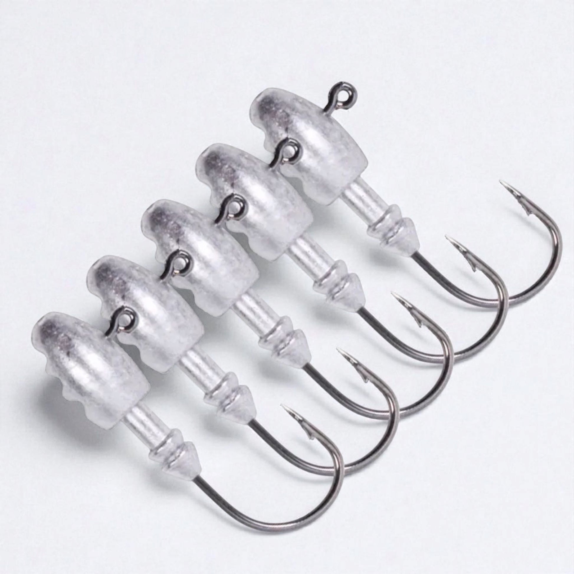 Close-up of sharp barb jig head hooks designed for soft bait – high-strength build ideal for freshwater and saltwater fishing