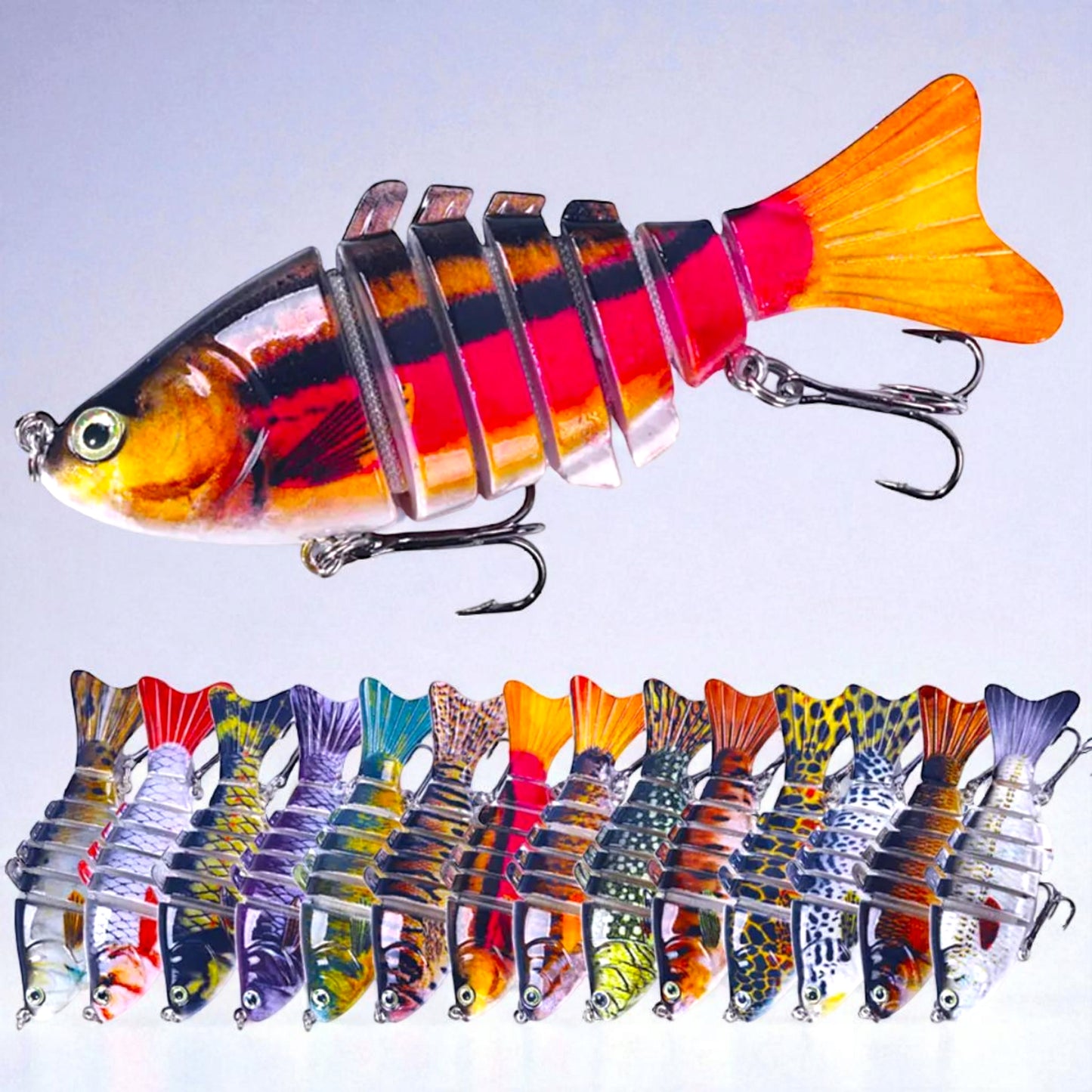 Realistic multi-jointed minnow hard lure with 7-segment swimbait body, 3D lifelike eyes, dual treble hooks, and natural swimming action for bass, trout, and freshwater predator fishing.