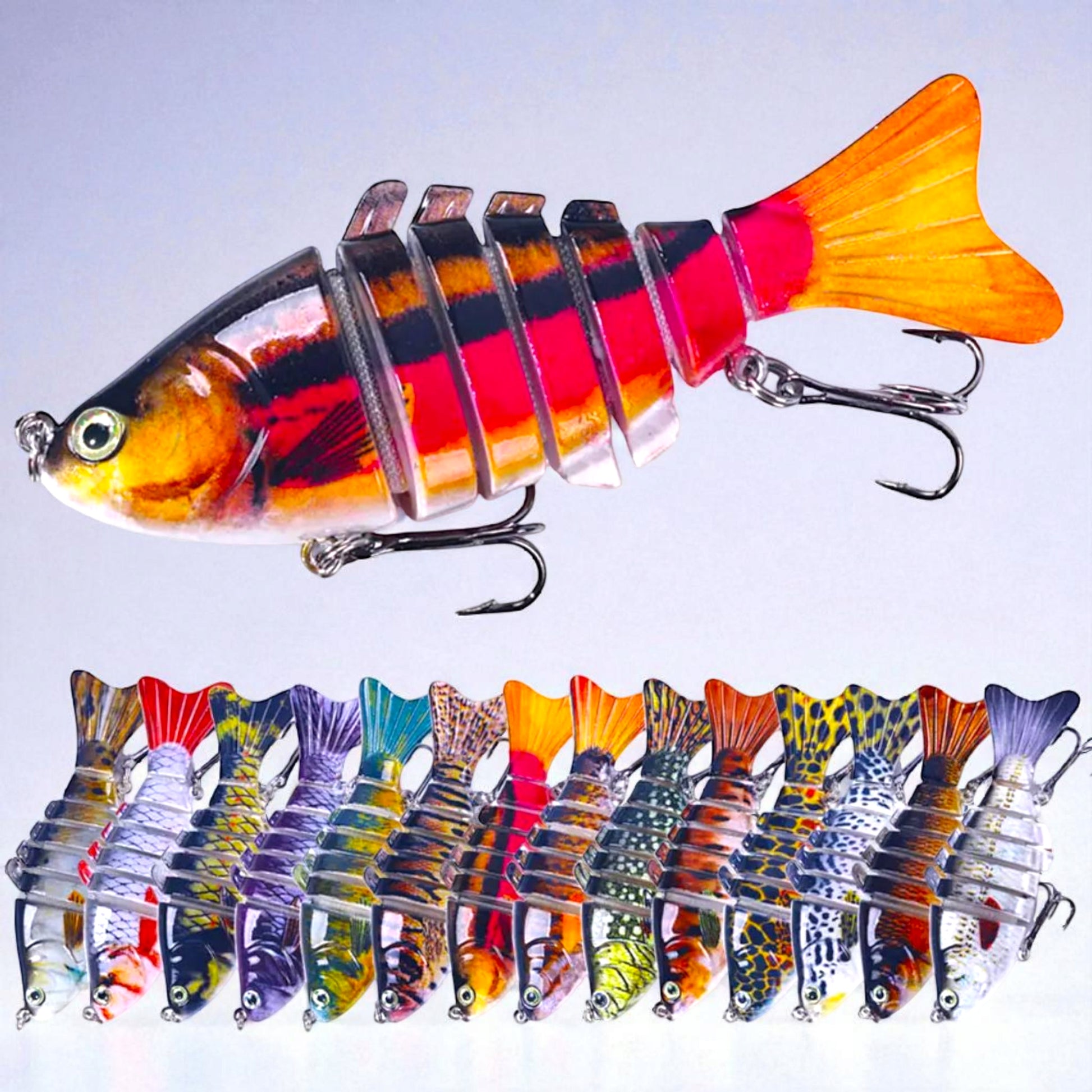 Realistic multi-jointed minnow hard lure with 7-segment swimbait body, 3D lifelike eyes, dual treble hooks, and natural swimming action for bass, trout, and freshwater predator fishing.