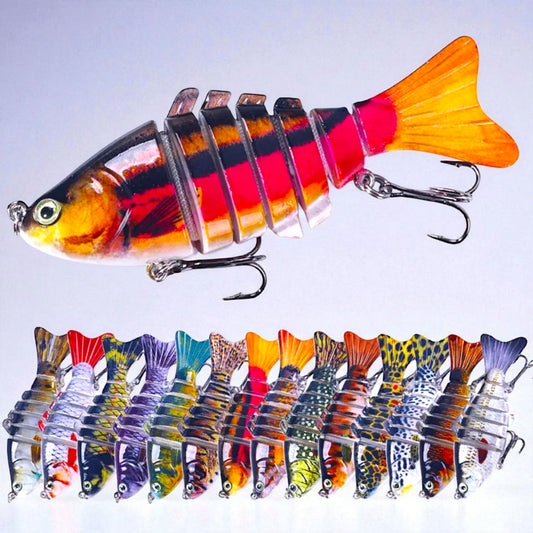 Realistic multi-jointed minnow hard lure with 7-segment swimbait body, 3D lifelike eyes, dual treble hooks, and natural swimming action for bass, trout, and freshwater predator fishing.