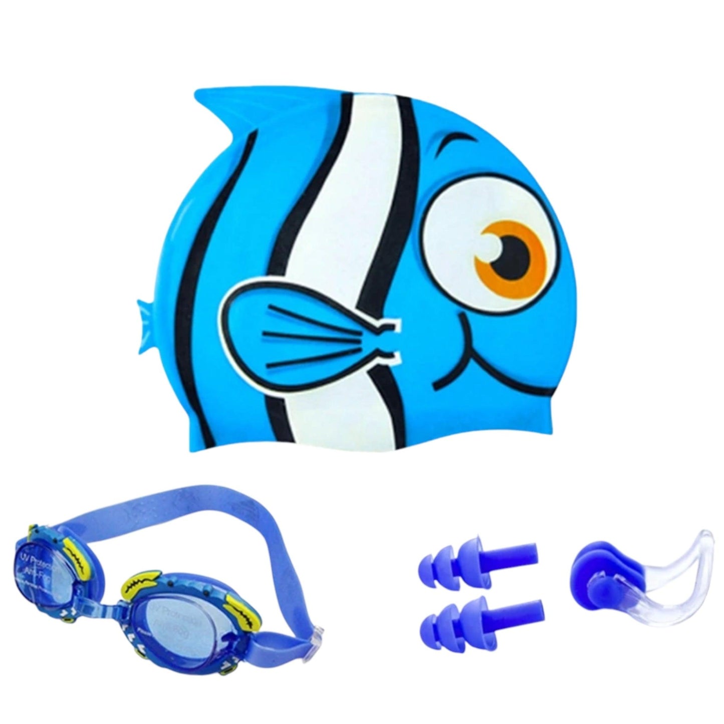 Kids Swimming Goggles Set with Fish Design Silicone Cap, Earplugs & Nose Clip